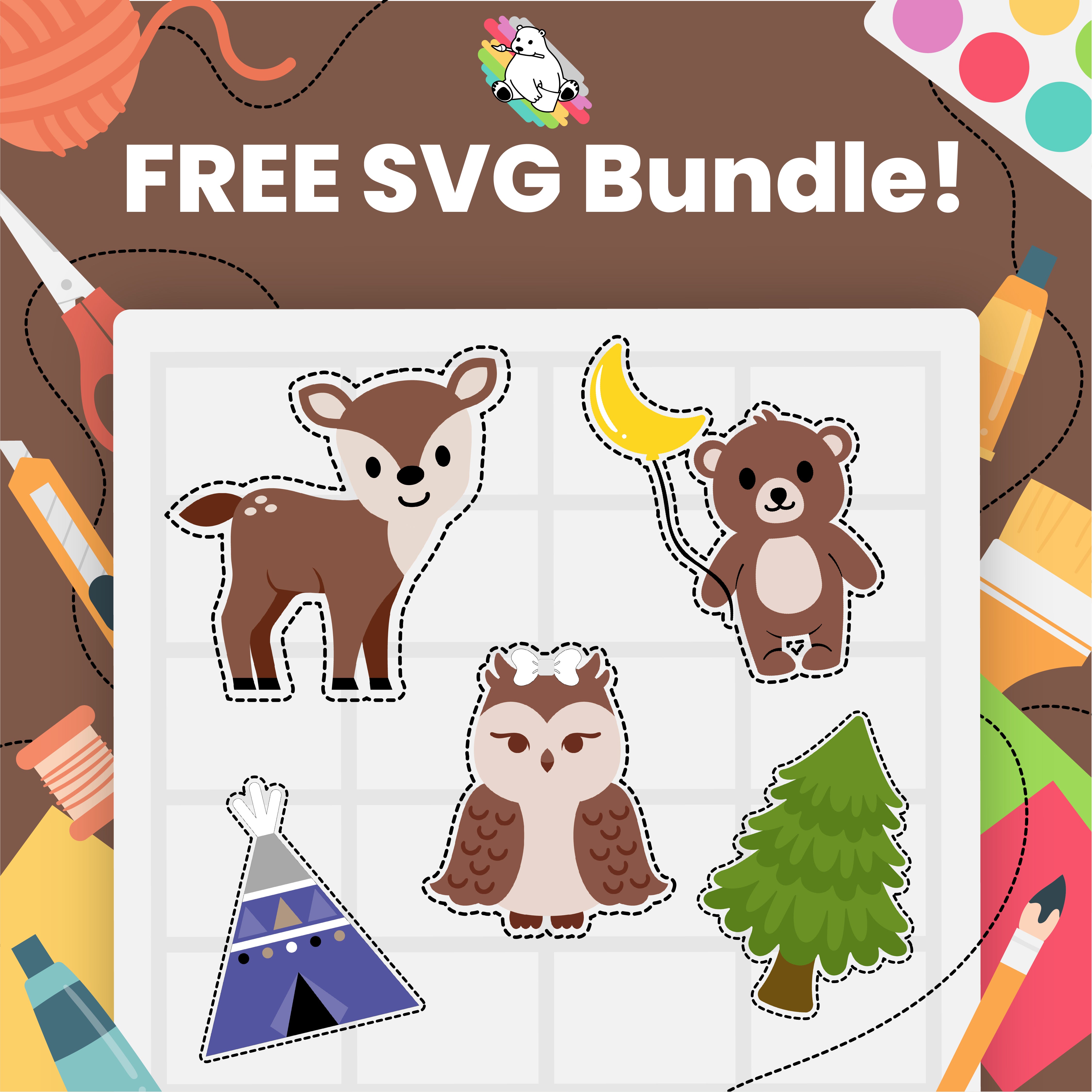 Bearly Stars free SVG bundle: deer svg, bear holding the moon svg, owl svg, tee pee tent svg, pine tree svg
