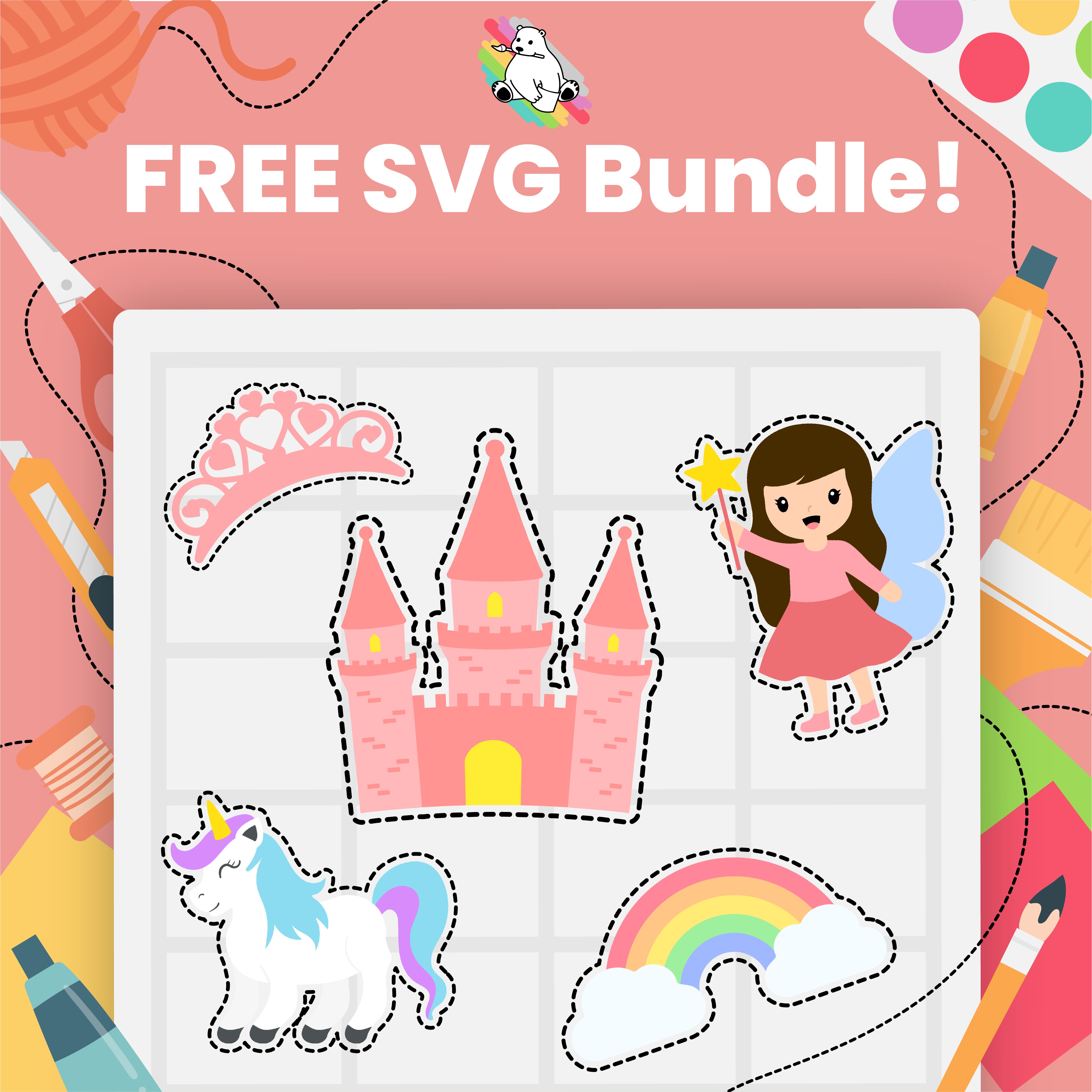 The Cutesies free SVG bundle: tiara svg, castle svg, fairy svg, unicorn svg, rainbow svg